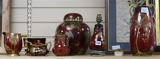 Carlton Ware red mottled lustre - a Paradise bird & tree ginger jar and cover, three vases, a lamp base, a jug and a sugar bowl and cov